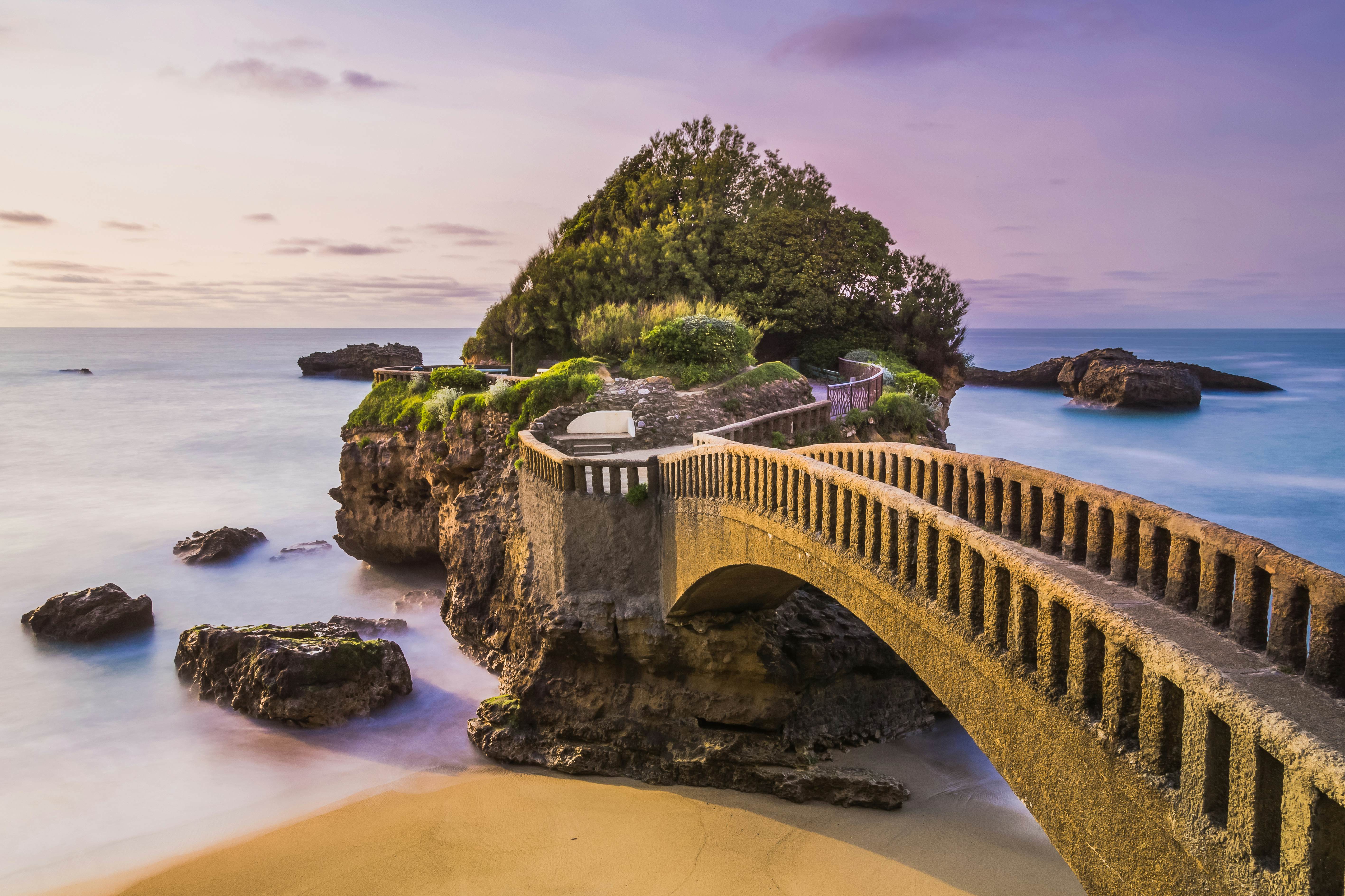 Bridge to the Rocher du Basta rock on the beach in Biarritz, France.